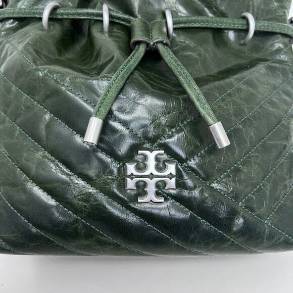 Tory Burch Kira Mini Bucket Bag Basil Green Chevron Textured Leather Crossbody - Picture 6 of 14